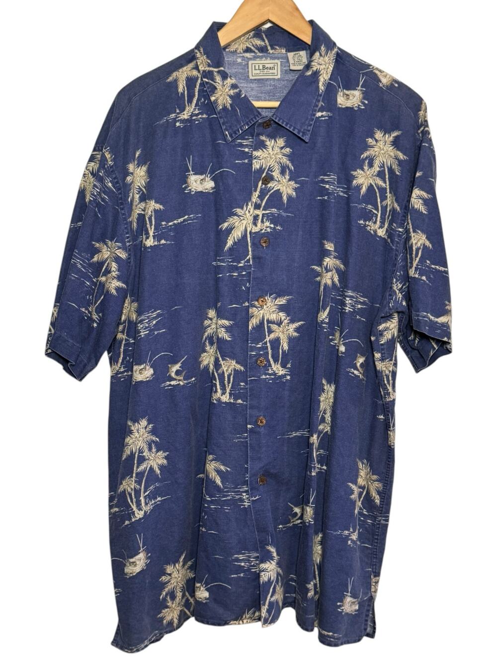 Vtg L.L. Bean Linen Cotton Blend XL Tall  Fishing Hawaiian Palm Tree Camp Shirt
